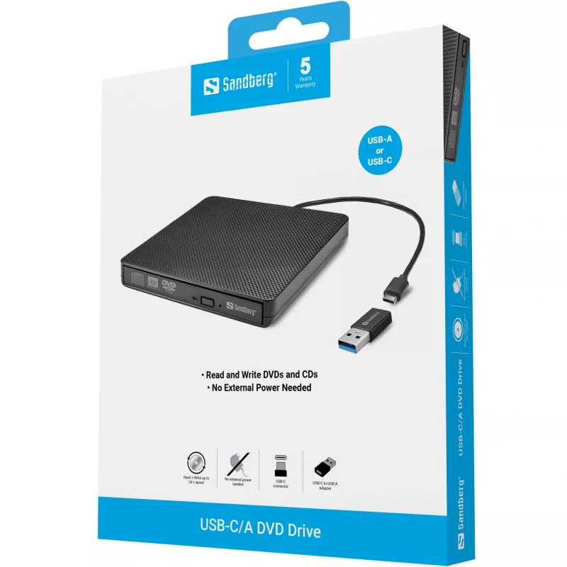 Unidade de DVD Sandberg USB-C/A, preto, Tray, Desktop/Laptop, DVD Super Multi DL, USB Type-C, CD-R, CD-ROM, CD-RW, DVD+R DL, DVD-R, DVD-R DL, DVD-RAM, DVD-ROM, DVD-RW
