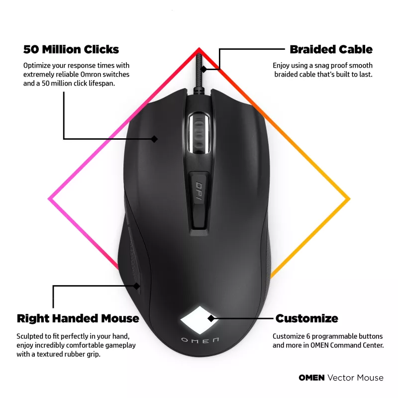 Rato HP OMEN Vector, destro, IR-LED, USB Type-A, 16000 DPI, 1 ms, preto