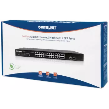 Switch Intellinet 24 portas Gigabit Ethernet com 2 portas SFP, 24 x 10/100/1000 Mbit/s portas RJ45 + 2 x SFP, IEEE 802.3az (Energy Efficient Ethernet), montagem em rack 19 polegadas, metal