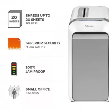 Destruidora de documentos Fellowes LX Series LX221 20 folhas micro-corte com recipiente extraível de 30 litros segurança máxima P5 branco