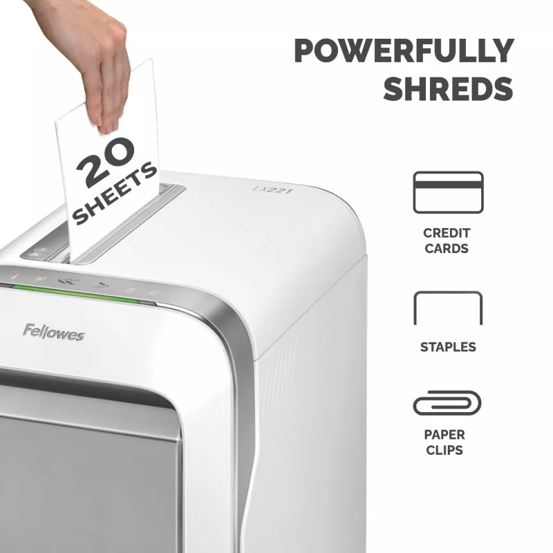 Destruidora de documentos Fellowes LX Series LX221 20 folhas micro-corte com recipiente extraível de 30 litros segurança máxima P5 branco