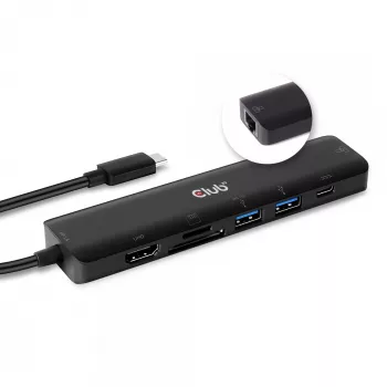 CLUB3D USB-C Hub 7-em-1 HDMI 4K60Hz slot de cartão SD TF 2x USB Type A USB Type C PD RJ45 funciona com Thunderbolt 3
