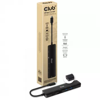 CLUB3D USB-C Hub 7-em-1 HDMI 4K60Hz slot de cartão SD TF 2x USB Type A USB Type C PD RJ45 funciona com Thunderbolt 3