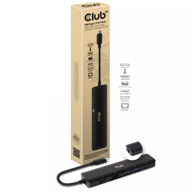 CLUB3D USB-C Hub 7-em-1 HDMI 4K60Hz slot de cartão SD TF 2x USB Type A USB Type C PD RJ45 funciona com Thunderbolt 3