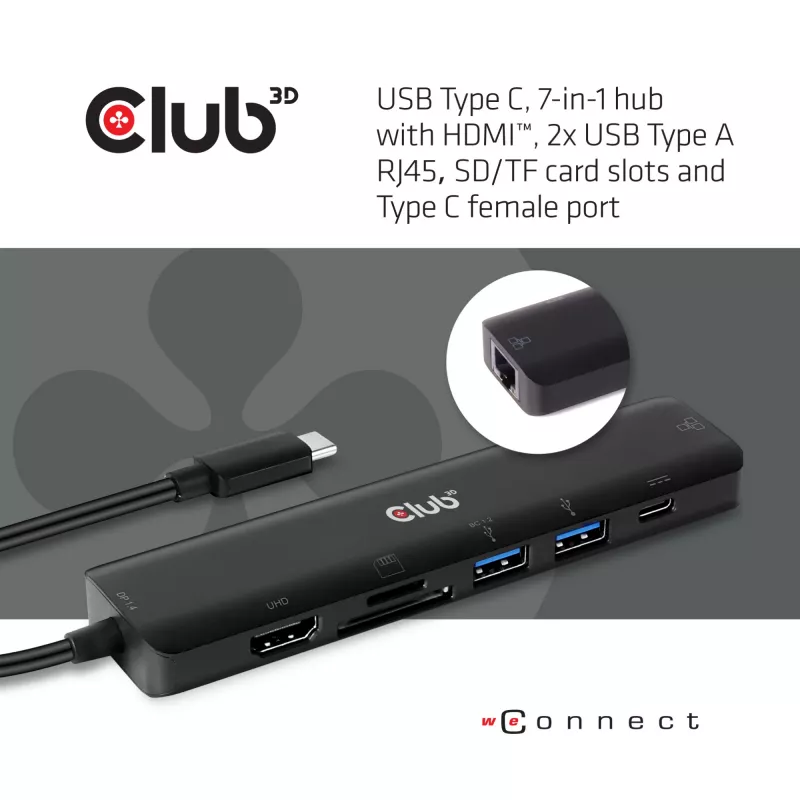 CLUB3D USB-C Hub 7-em-1 HDMI 4K60Hz slot de cartão SD TF 2x USB Type A USB Type C PD RJ45 funciona com Thunderbolt 3