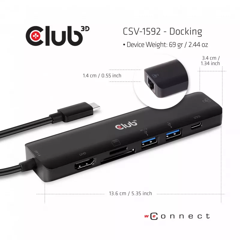 CLUB3D USB-C Hub 7-em-1 HDMI 4K60Hz slot de cartão SD TF 2x USB Type A USB Type C PD RJ45 funciona com Thunderbolt 3