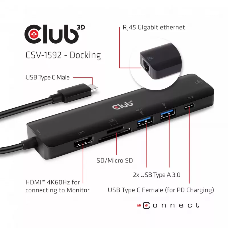 CLUB3D USB-C Hub 7-em-1 HDMI 4K60Hz slot de cartão SD TF 2x USB Type A USB Type C PD RJ45 funciona com Thunderbolt 3
