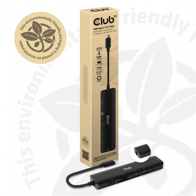 CLUB3D USB-C Hub 7-em-1 HDMI 4K60Hz slot de cartão SD TF 2x USB Type A USB Type C PD RJ45 funciona com Thunderbolt 3