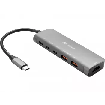 Sandberg Dock USB-C HDMI + 2xUSB-A + 2xUSB-C + PD100W, com fios, USB 3.2 Gen 1 (3.1 Gen 1) Type-C, 100 W, alumínio, 4K Ultra HD, 3840 x 2160 píxeis