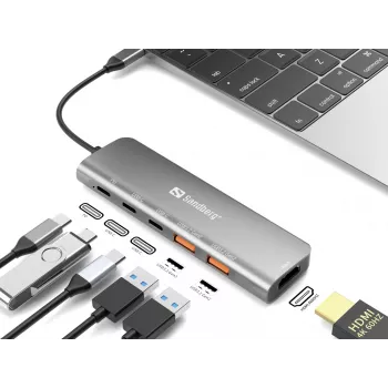 Sandberg Dock USB-C HDMI + 2xUSB-A + 2xUSB-C + PD100W, com fios, USB 3.2 Gen 1 (3.1 Gen 1) Type-C, 100 W, alumínio, 4K Ultra HD, 3840 x 2160 píxeis
