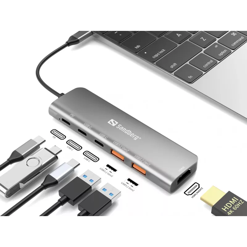 Sandberg 136-65 estação de ancoragem USB-C HDMI + 2x USB-A + 2x USB-C + PD 100 W, USB 3.2, 4K 60 Hz, alumínio, prateada