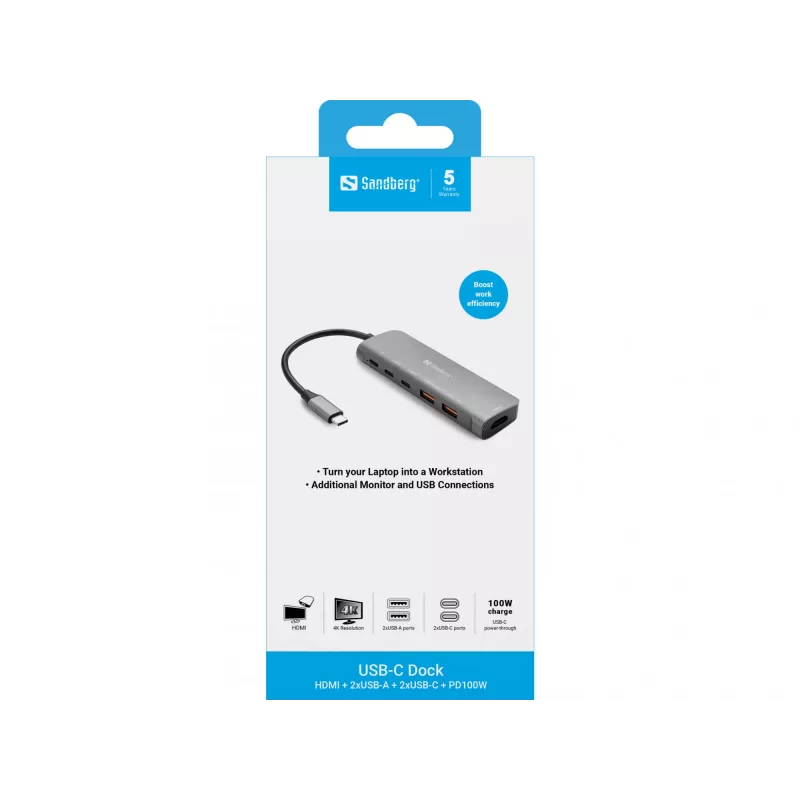 Sandberg 136-65 estação de ancoragem USB-C HDMI + 2x USB-A + 2x USB-C + PD 100 W, USB 3.2, 4K 60 Hz, alumínio, prateada