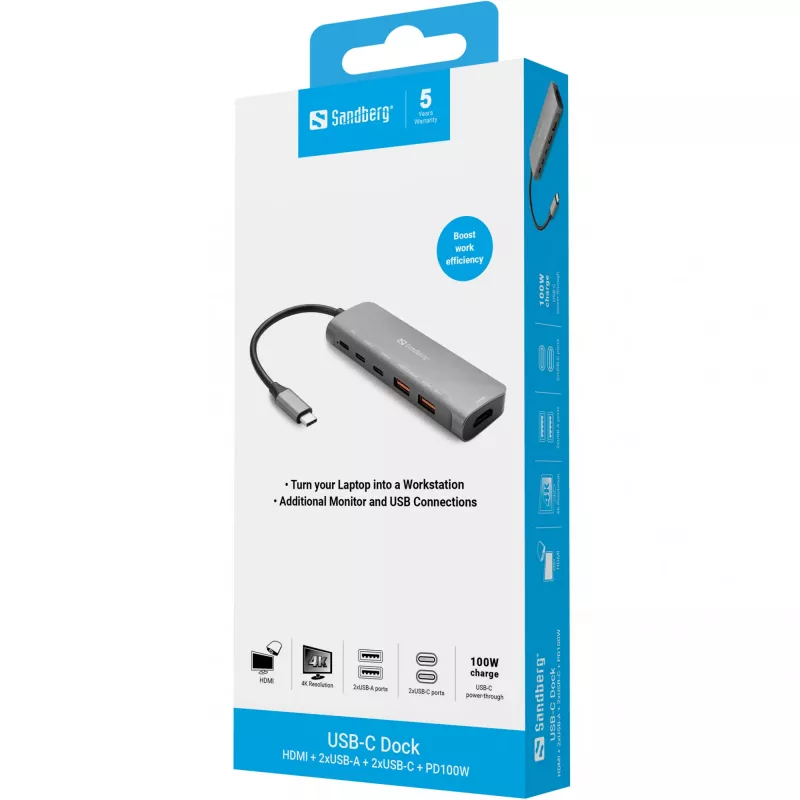 Sandberg 136-65 estação de ancoragem USB-C HDMI + 2x USB-A + 2x USB-C + PD 100 W, USB 3.2, 4K 60 Hz, alumínio, prateada