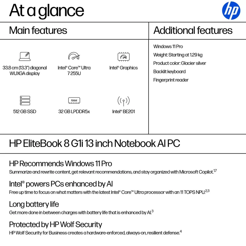 HP EliteBook 8 G1i 13 AI PC AD3B7ET portátil, 33,8 cm (13,3 polegadas) WUXGA, Intel Core Ultra 7 255U, 32 GB LPDDR5X, 512 GB SSD, Wi-Fi 7 (802.11be), Windows 11 Pro, Glacier Silver