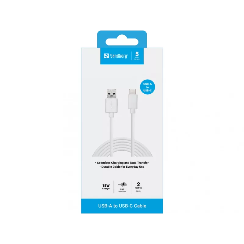 Sandberg 136-14 cabo de USB-C 3.1 para USB-A 3.0, 2 m, macho/macho, branco