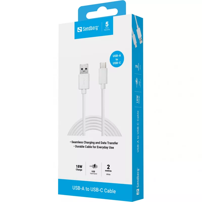 Sandberg 136-14 cabo de USB-C 3.1 para USB-A 3.0, 2 m, macho/macho, branco