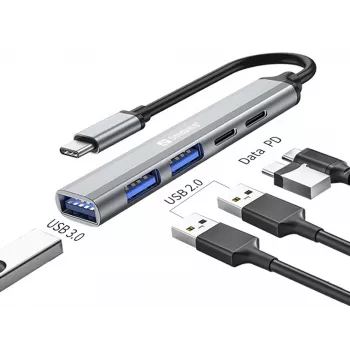 Hub Sandberg USB-C para 3xUSB-A+2xUSB-C SAVER USB 3.2 Gen 1 cinzento alumínio