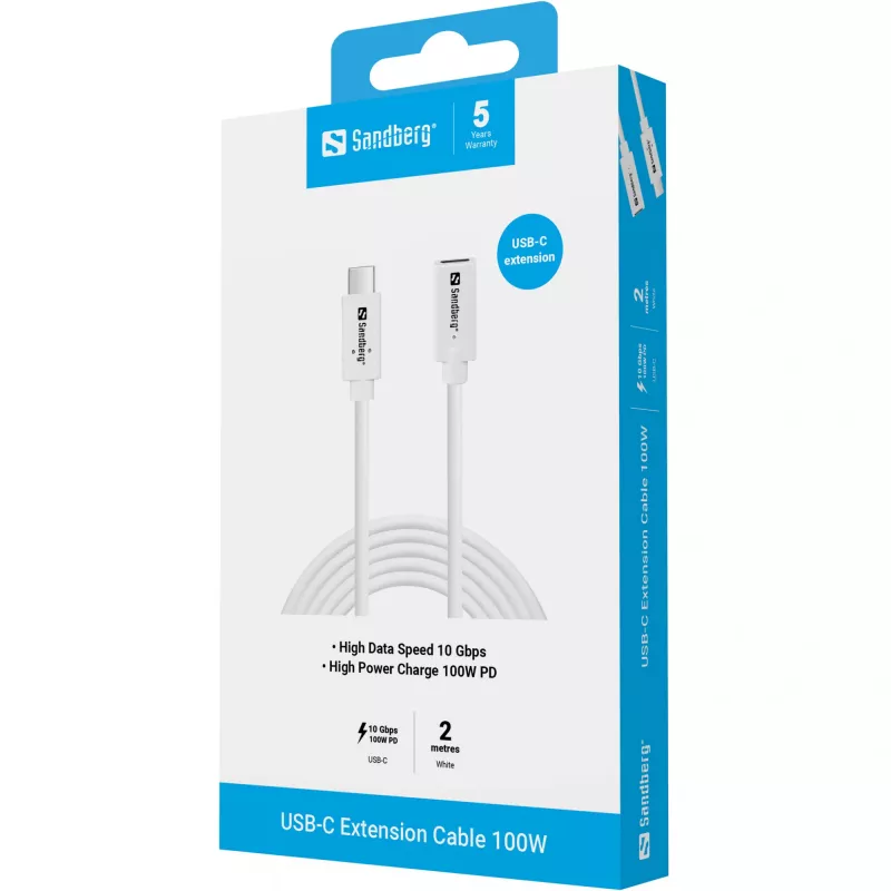 Sandberg 136-55 cabo de extensão USB-C, macho-fêmea, 100 W, 10 Gbps, 2 m, branco
