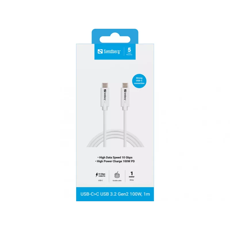 Cabo Sandberg USB-CC USB 3.2 Gen2 100W, 1M, 1 m, USB C, USB C, USB 3.2 Gen 2 (3.1 Gen 2), 10 Gbit/s, branco