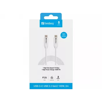 Cabo Sandberg USB-C>C USB 3.1 G2 100W 2M branco