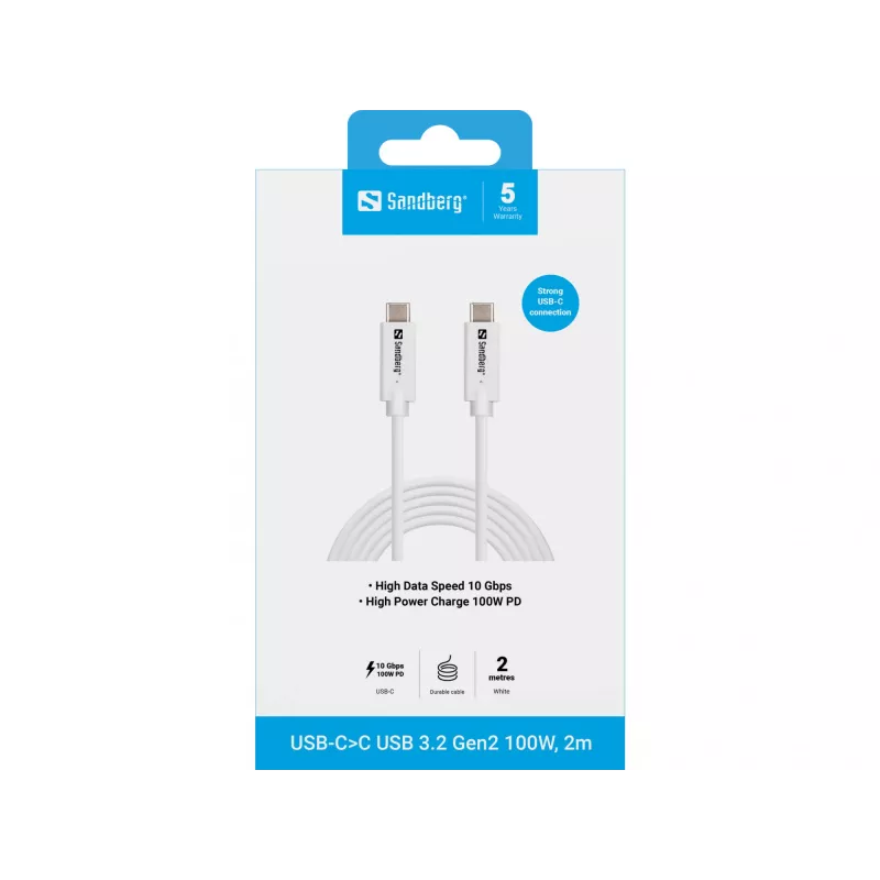 Cabo Sandberg USB-C>C USB 3.1 G2 100W 2M branco