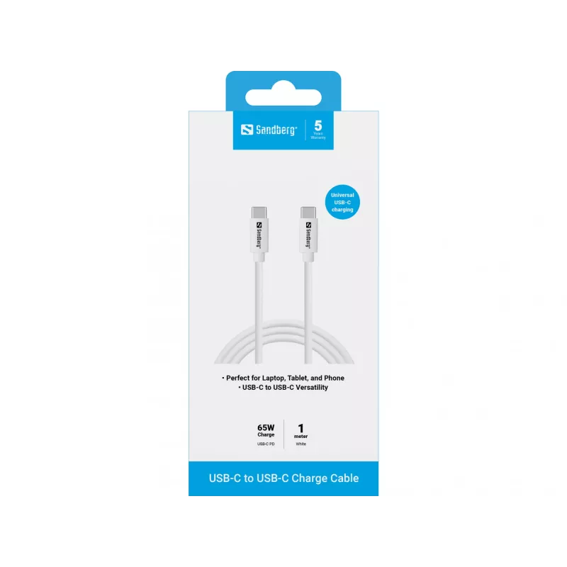 Cabo de carregamento USB-C Sandberg 1M, 65W, 1 m, USB C, USB C, USB 3.2 Gen 1 (3.1 Gen 1), branco