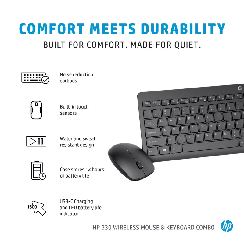 Conjunto de rato e teclado sem fios HP 230 tamanho completo preto