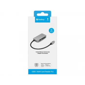 Leitor de cartões múltiplos Sandberg USB-C Multi Card Reader Pro, CF, MMC, MicroSD (TransFlash), SD, SDHC, SDXC, xD, preto, USB 3.2 Gen 1 (3.1 Gen 1) Type-C, 1 peça, 82 mm, 23 mm