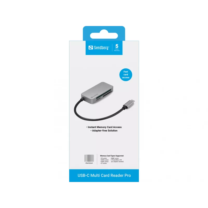 Leitor de cartões múltiplos Sandberg USB-C Multi Card Reader Pro, CF, MMC, MicroSD (TransFlash), SD, SDHC, SDXC, xD, preto, USB 3.2 Gen 1 (3.1 Gen 1) Type-C, 1 peça, 82 mm, 23 mm