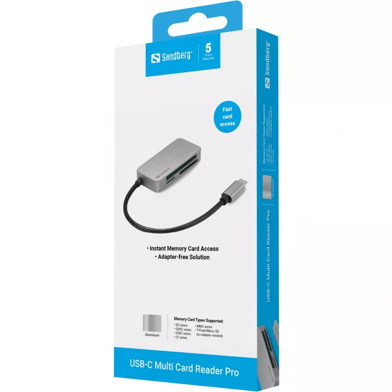 Leitor de cartões múltiplos Sandberg USB-C Multi Card Reader Pro, CF, MMC, MicroSD (TransFlash), SD, SDHC, SDXC, xD, preto, USB 3.2 Gen 1 (3.1 Gen 1) Type-C, 1 peça, 82 mm, 23 mm
