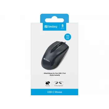 Rato Sandberg USB-C, ambidestro, ótico, USB Type-C, 1200 DPI, preto
