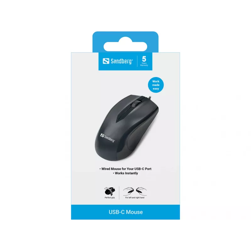Rato Sandberg USB-C, ambidestro, ótico, USB Type-C, 1200 DPI, preto