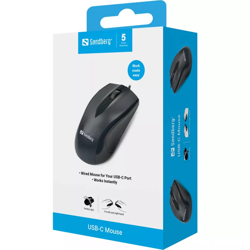 Rato Sandberg USB-C, ambidestro, ótico, USB Type-C, 1200 DPI, preto
