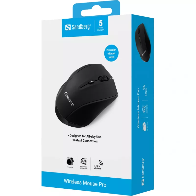 Rato sem fios Sandberg Pro, para destros, ótico, RF Wireless, 1600 DPI, preto