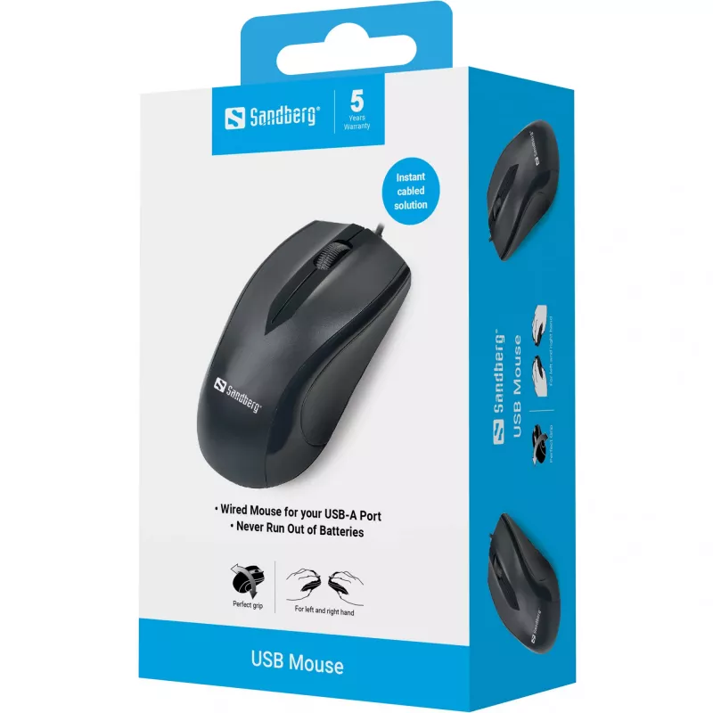 Rato Sandberg USB, para destros, ótico, USB Type-A, 1200 DPI, preto