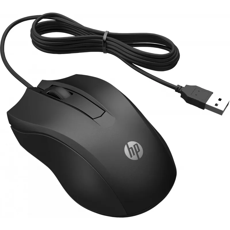 Rato com fio HP 100, ambidestro, ótico, USB Type-A, 1600 DPI, preto