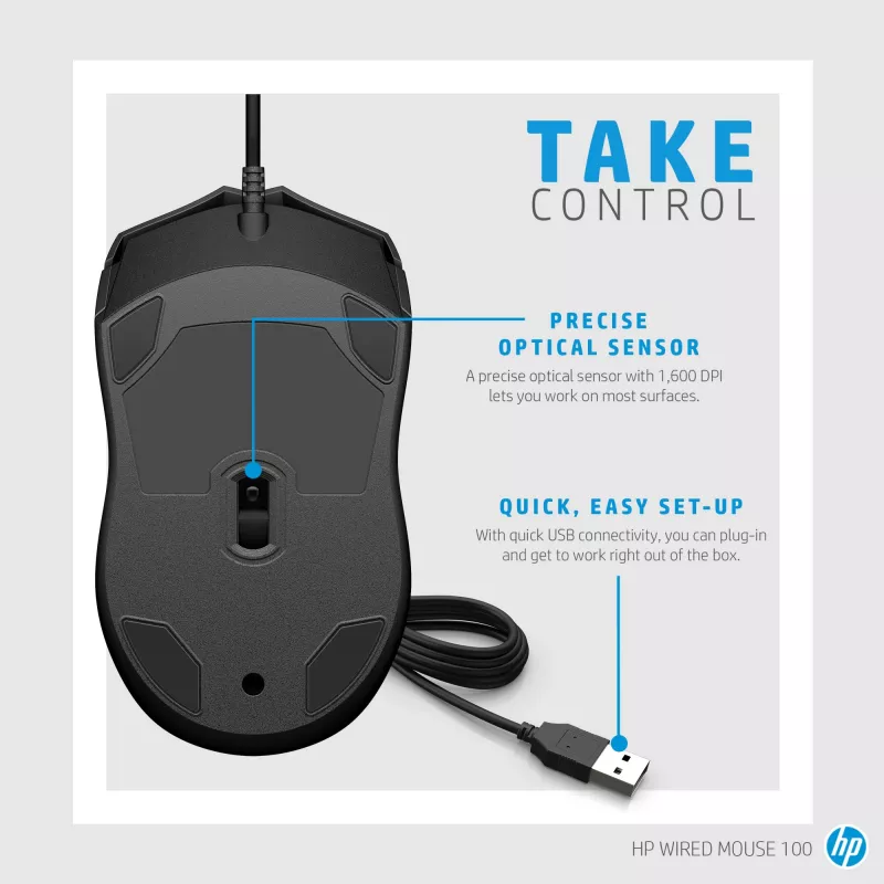Rato com fio HP 100, ambidestro, ótico, USB Type-A, 1600 DPI, preto