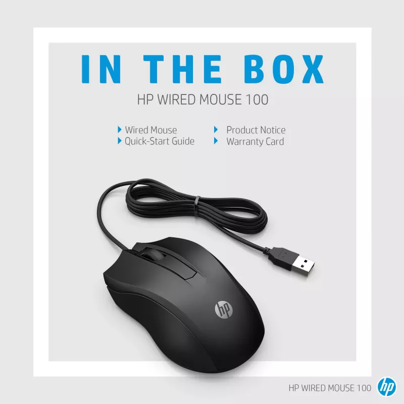 Rato com fio HP 100, ambidestro, ótico, USB Type-A, 1600 DPI, preto