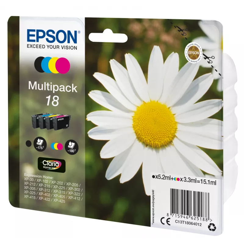 Epson 18 C13T18064022 Claria Home Ink multipack de cartuchos de tinta, 4 un., 15,1 ml, preto/ciano/magenta/amarelo
