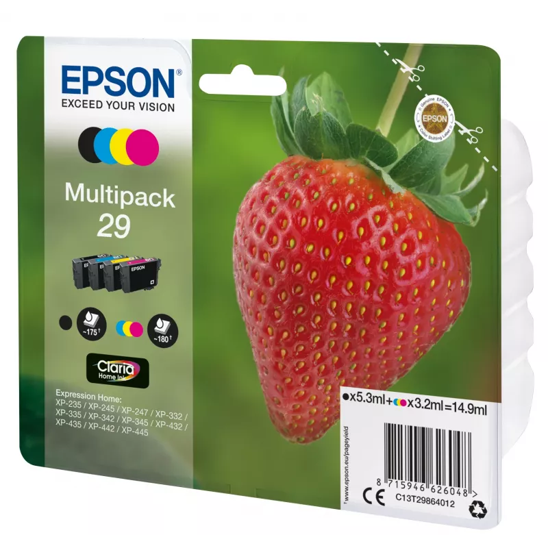 Epson Strawberry multipack 4 cores 29 Claria Home tinta, preto, ciano, magenta, amarelo, 5,3 ml, 3,2 ml, 1 unid., 175 páginas, multipack