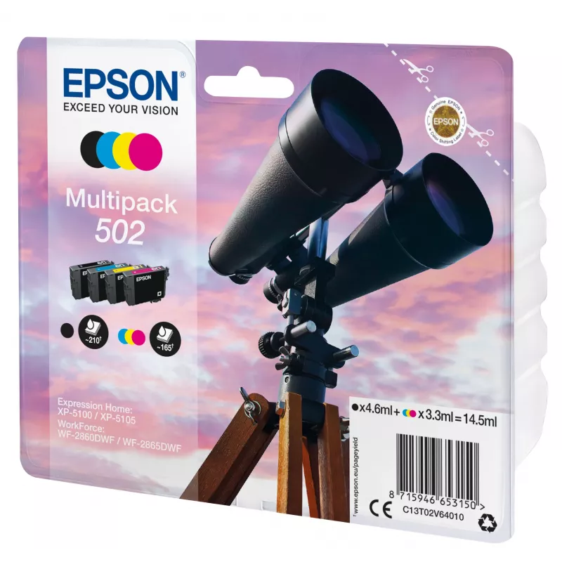 Epson multipack 4 cores 502 tinta, capacidade padrão, preto, ciano, magenta, amarelo, 4,6 ml, 3,3 ml, 1 unid., 210 páginas