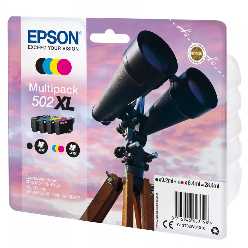 Epson 502XL C13T02W64020 Claria Home Ink multipack de cartuchos de tinta, 4 un., XL, 28,4 ml, preto/ciano/magenta/amarelo, até 550 (preto) / 470 (cor) páginas