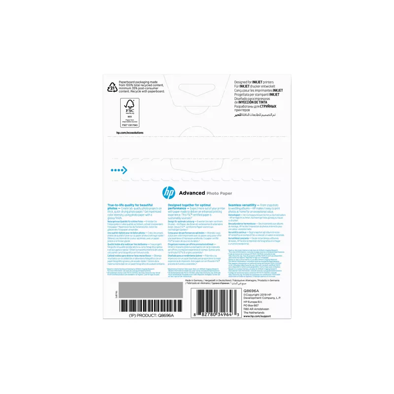 HP Q8696A Advanced Glossy papel fotográfico brilhante sem margens, 250 g/m², 13 x 18 cm (130 x 180 mm), 25 folhas