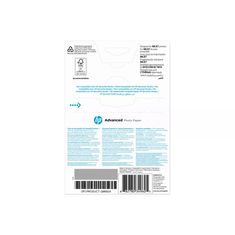 Papel fotográfico avançado HP brilhante 250 g/m2 10 x 15 cm (101 x 152 mm) 100 folhas