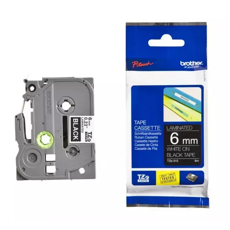 Fita de etiquetagem Brother TZe315 6mm branco sobre preto