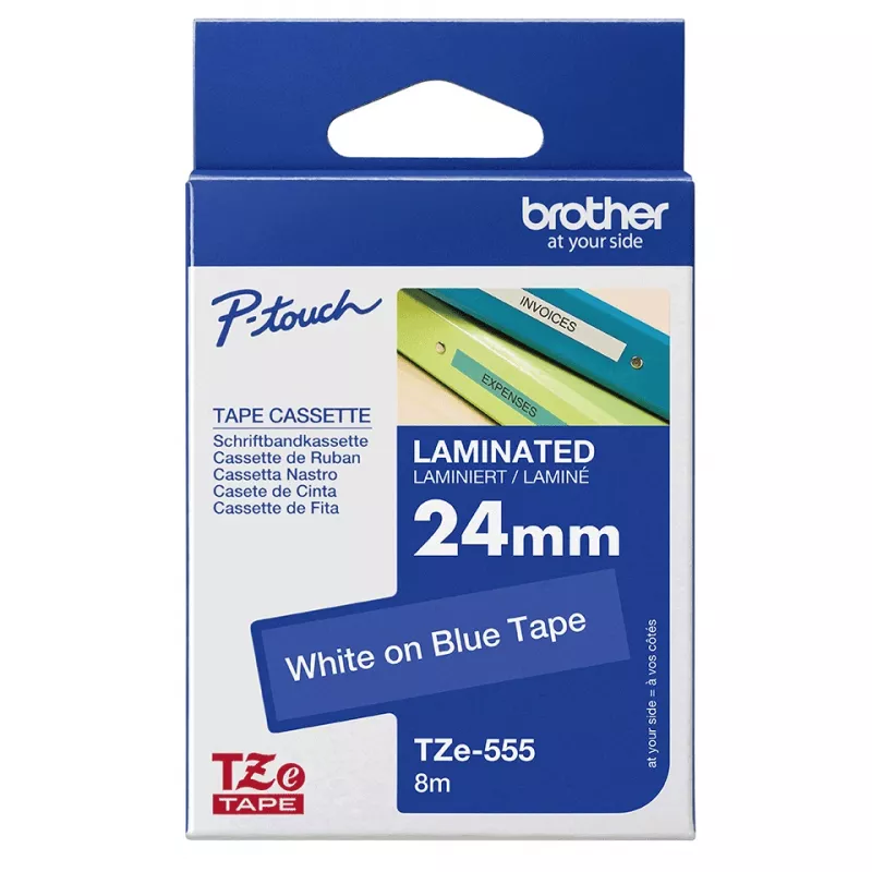 Fita laminada Brother 18 mm, preto sobre azul, TZe, cinzento, transferência térmica, Filipinas, 5 ano(s)