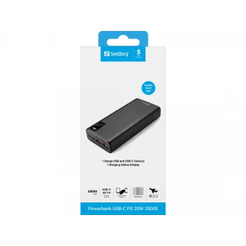 Bateria portátil Sandberg Powerbank USB-C PD 20W 20000, 20000 mAh