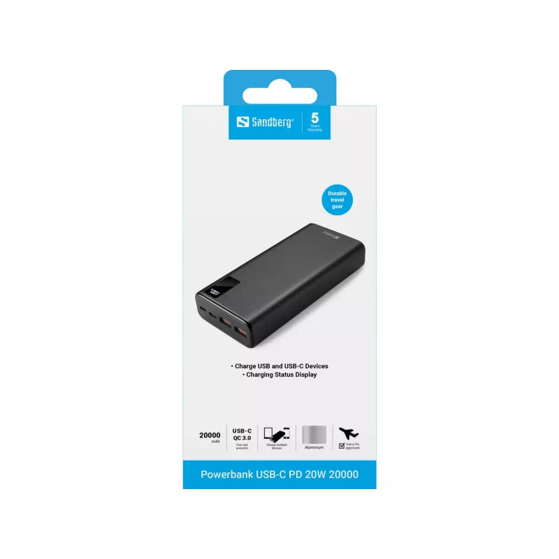 Bateria portátil Sandberg Powerbank USB-C PD 20W 20000, 20000 mAh