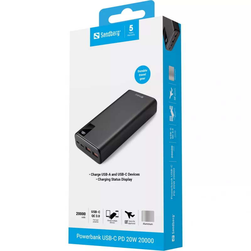 Bateria portátil Sandberg Powerbank USB-C PD 20W 20000, 20000 mAh