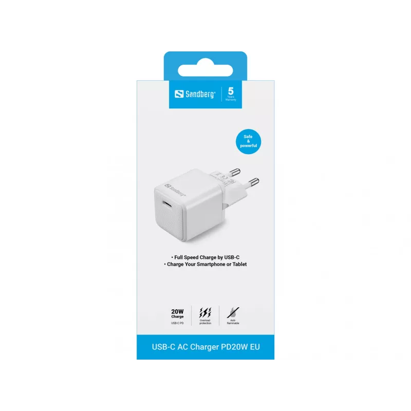 Carregador de parede Sandberg USB-C PD20W EU, interior, AC, 5 V, 3 A, branco